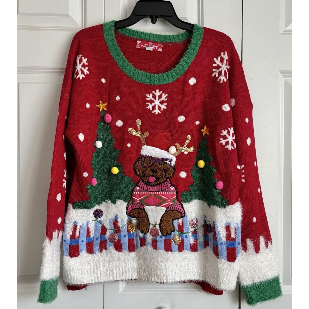 JOLLIDAYS UGLY CHRISTMAS SWEATER DOG REINDEER LIGHTS SEQUIN PULLON 3D GRAPHIC